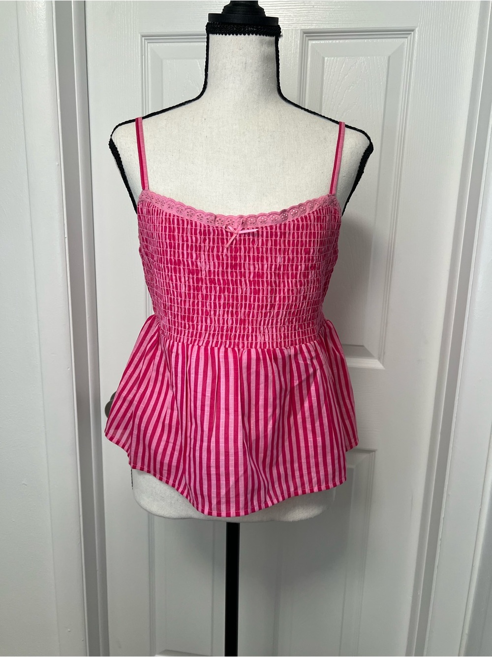 No Boundaries Hot Pink Striped Smocked Peplum Camisole